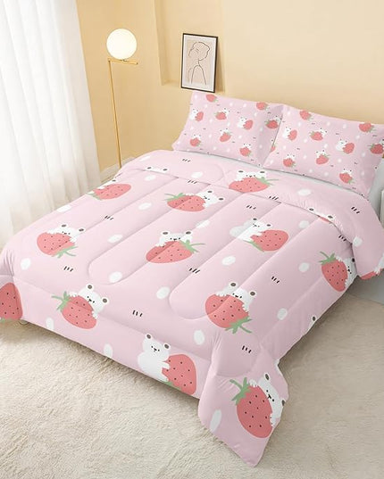 Cartoon Bear Comforter King Size,Pink Strawberry Comforter Set for Kids Teens Girls,3Pcs Bedding Set Printed Comforter with 2 Pillowcases,Down Alternative,Soft and Lightweight，King Size - LeafyLoom