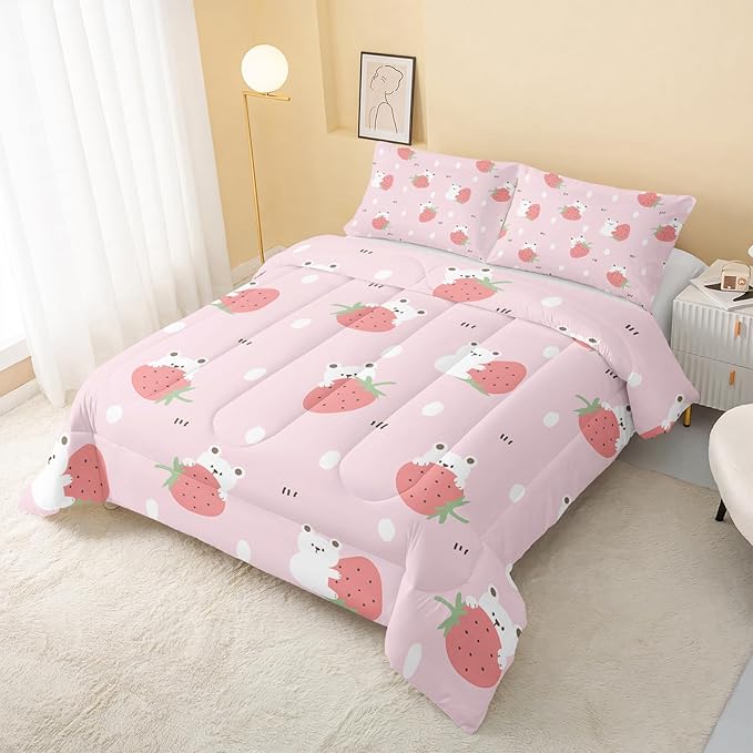 Cartoon Bear Comforter Twin Size,Pink Strawberry Comforter Set for Kids Teens Girls,3Pcs Bedding Set Printed Comforter with 2 Pillowcases,Down Alternative,Soft and Lightweight，Twin Size - LeafyLoom