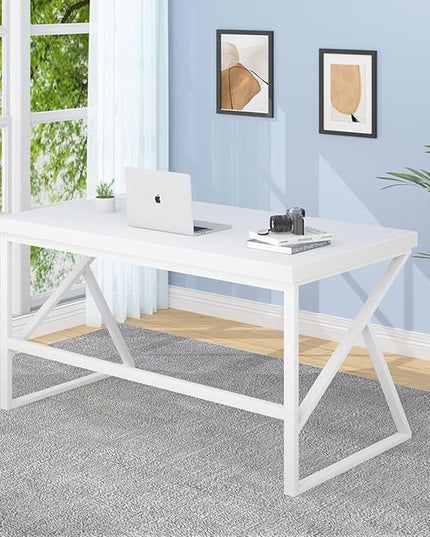 HSH White Computer Desk, Modern Wood Home Office Desk, PC Desk for Executive Work Writing Study Gaming Student Bedroom, Farmhouse Simple Wooden and Metal Computer Table Workstation, White Oak 55 Inch - LeafyLoom