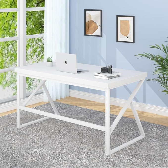 HSH White Computer Desk, Modern Wood Home Office Desk, PC Desk for Executive Work Writing Study Gaming Student Bedroom, Farmhouse Simple Wooden and Metal Computer Table Workstation, White Oak 55 Inch - LeafyLoom