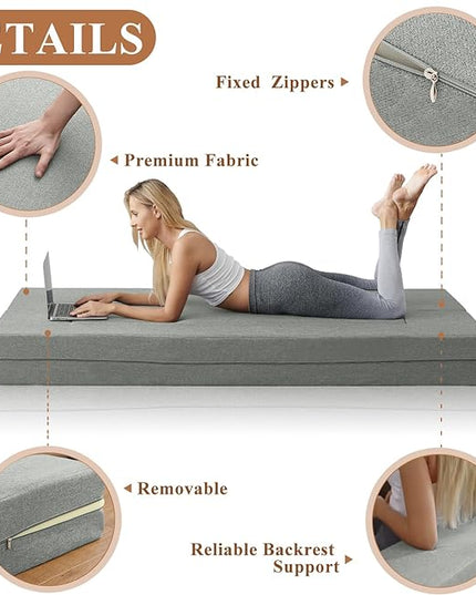 Convertible Folding Sofa - Modern Linen Fabric Coffee Table, Foldable Floor & Futon Couch, Space-Saving Chair with Pillow for Living Room/Dorm/Guest Room/Home Office/Apartment,Twin,Pale Gray - LeafyLoom