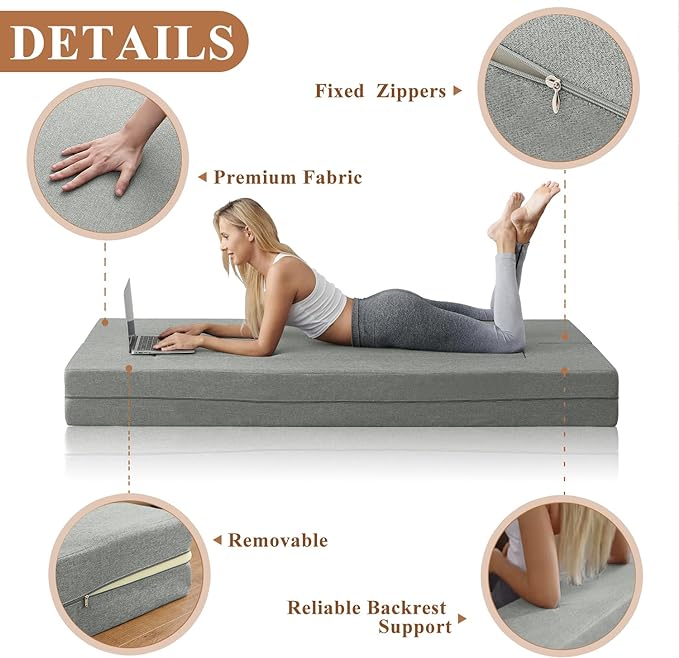 Convertible Folding Sofa - Modern Linen Fabric Coffee Table, Foldable Floor & Futon Couch, Space-Saving Chair with Pillow for Living Room/Dorm/Guest Room/Home Office/Apartment,Twin,Pale Gray - LeafyLoom