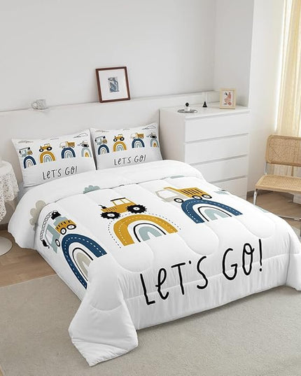 Boys Cartoon Car Comforter Set, Kids Construction Vehicles Comforter for Kids Children Cartoon Rainbow Truck Bedding Set Cute Cars Soft Quilt Set Bedroom Collection 3Pcs Full Size - LeafyLoom