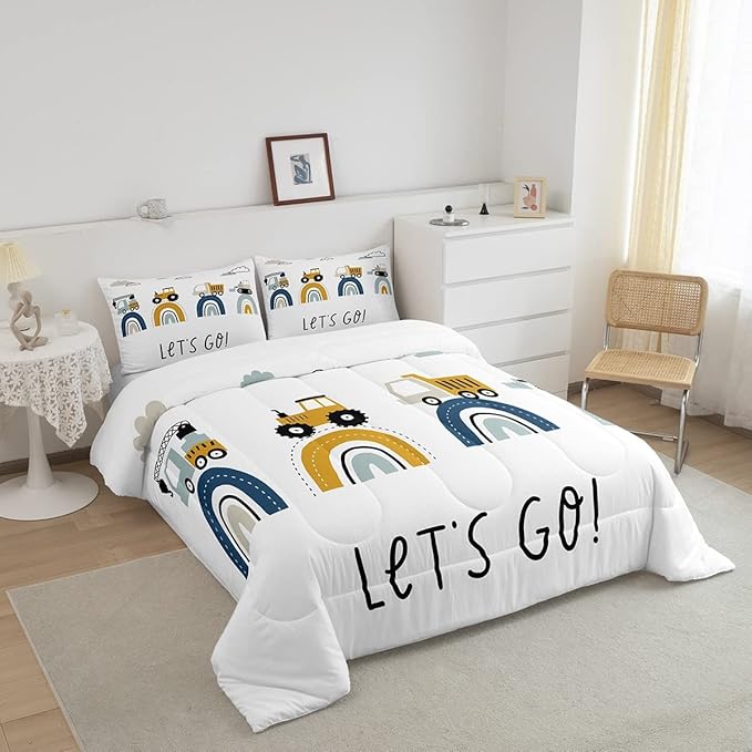 Boys Cartoon Car Comforter Set, Kids Construction Vehicles Comforter for Kids Children Cartoon Rainbow Truck Bedding Set Cute Cars Soft Quilt Set Bedroom Collection 3Pcs Full Size - LeafyLoom