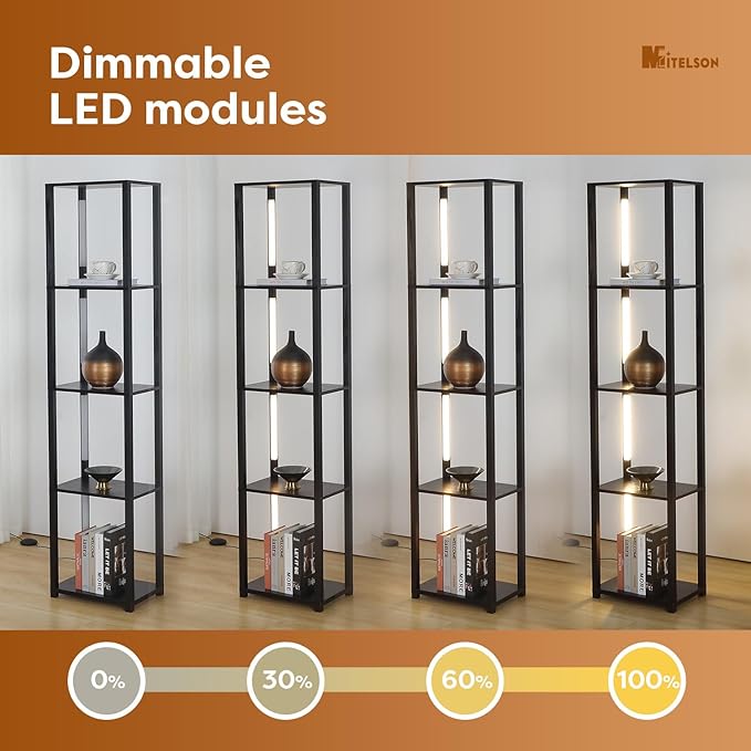 LED Floor Lamp with Shelves, Standing Lamp with Remote for Bedroom and Living Room, Corner Display Floor Lamps with Shelves, Modern Dimmable Floor Lamp with 5-Tier Open Shelve-Black - LeafyLoom