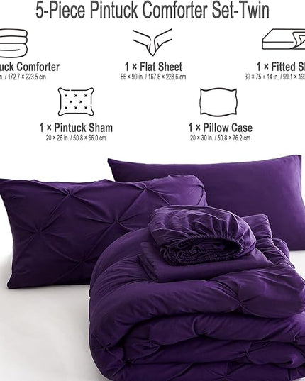 Ubauba 5pc Twin Size Comforter Set with Sheets, Purple Pintuck 5 Piece Bed in a Bag with Comforter, All Season Pinched Bedding Comforters & Sets (Purple,Twin) - LeafyLoom