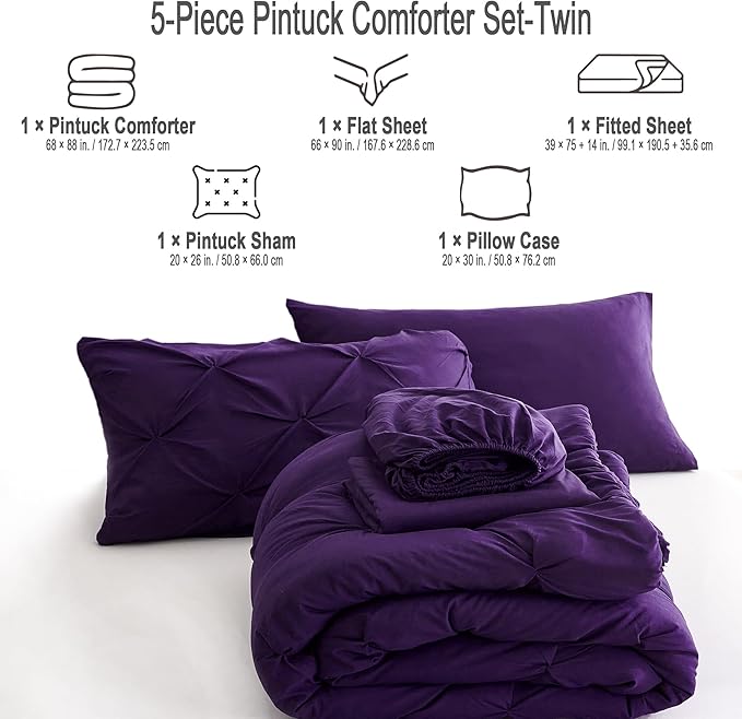 Ubauba 5pc Twin Size Comforter Set with Sheets, Purple Pintuck 5 Piece Bed in a Bag with Comforter, All Season Pinched Bedding Comforters & Sets (Purple,Twin) - LeafyLoom