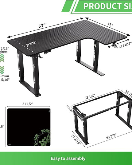 X-WIN 63 Inches L-Shaped Electric Standing Desk, Dual Motor Height Adjustable Stand Up Corner Desk, Sit to Stand Workstation with Locking Wheels, Carbon Fiber Top - LeafyLoom
