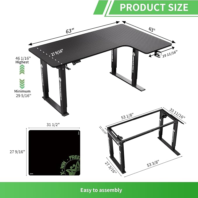 X-WIN 63 Inches L-Shaped Electric Standing Desk, Dual Motor Height Adjustable Stand Up Corner Desk, Sit to Stand Workstation with Locking Wheels, Carbon Fiber Top - LeafyLoom