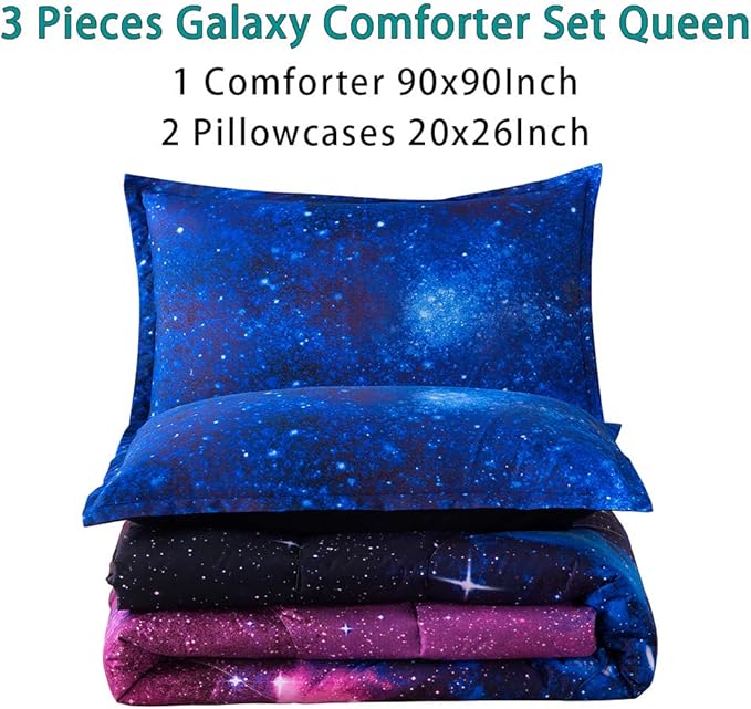 Litanika 3D Galaxy Comforter Queen(90x90lnch), 3 Pieces(1 Galaxy Comforter, 2 Pillowcases), Universe Cloud Outer Space Comforter, Microfiber Bedding Set for Boys Kids - LeafyLoom