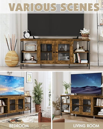 TV Stands for Living Room, Industrial TV Stand for Bedroom Furniture, Farmhouse TV Stand 65 Inch Television Stand with Back Panel, Modern Horizontal Wood and Metal Open Bookshelf, Rustic Brown - LeafyLoom