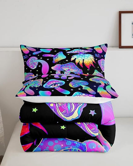 Mushroom Comforter Set Twin,Kawaii Trippy Botanical Bedding Set Psychedelic Plant Down Comforter For Kids Girls Teens Women Cartoon Cute Mushroom Room Decor Quilt Duvet Set With 1 Pillow Case Black - LeafyLoom