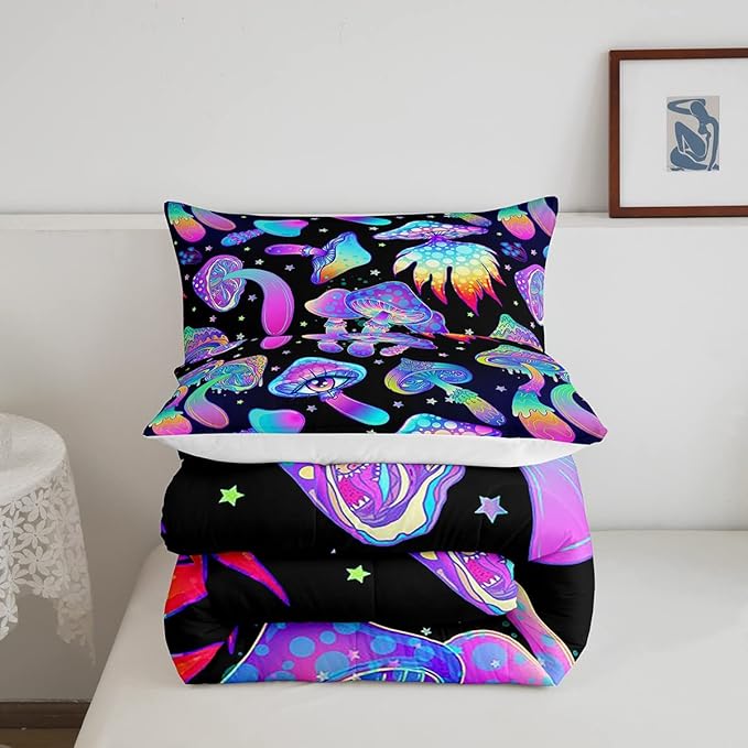 Mushroom Comforter Set Twin,Kawaii Trippy Botanical Bedding Set Psychedelic Plant Down Comforter For Kids Girls Teens Women Cartoon Cute Mushroom Room Decor Quilt Duvet Set With 1 Pillow Case Black - LeafyLoom