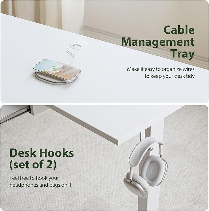Adjustable Height Electric Standing Desk with Storage Wooden Drawer, 63 x 24 Inches Stand Up Home Office Computer Gaming Table with Splice Board for Work Office Home, White - LeafyLoom
