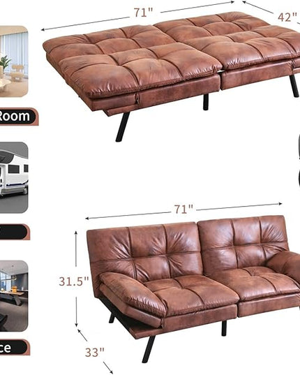 MUUEGM Futon Sofa Bed Convertible Memory Foam Sleeper Couch,Modern Faux Leather Loveseat for Living Room,Small Compact Space,Dorm,Office,Adjustable Armrests Backrest Sofabed, Dark Brown - LeafyLoom