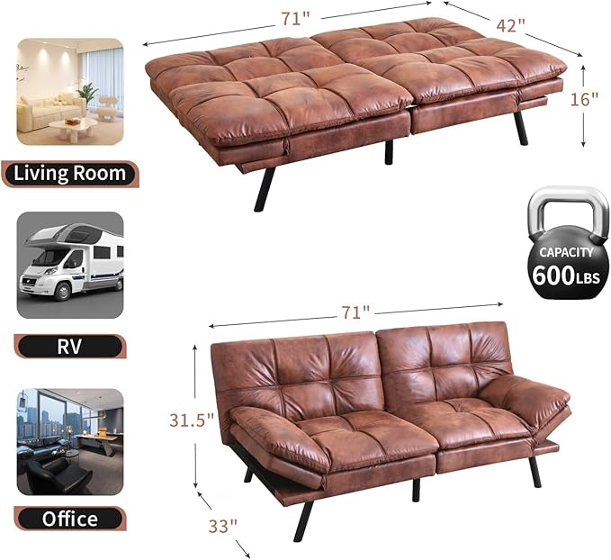 MUUEGM Futon Sofa Bed Convertible Memory Foam Sleeper Couch,Modern Faux Leather Loveseat for Living Room,Small Compact Space,Dorm,Office,Adjustable Armrests Backrest Sofabed, Dark Brown - LeafyLoom