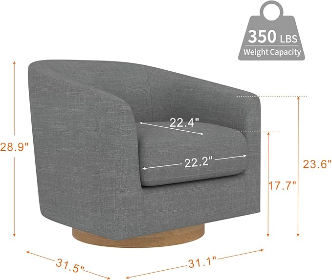 MUUEGM Accent Chair with Arms, 360 Degree Swivel Accent Chair with Wood Base, Modern Barrel Chair for Living Room, Bedroom, Waiting Room, Fully Assembled,Performance Fabric in Dark Grey - LeafyLoom