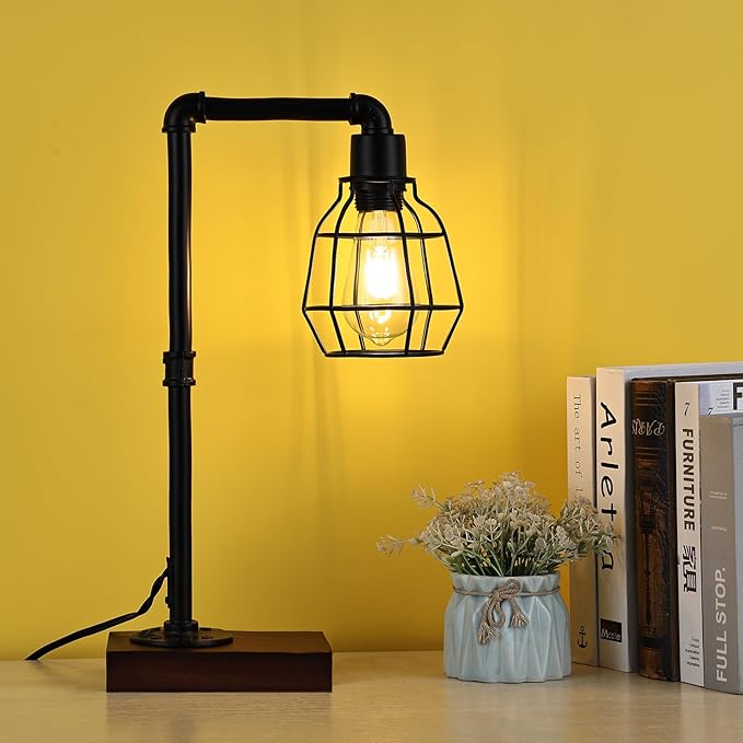 CONCA Industrial Steampunk Table Lamp, Edison Bulb, Metal, A-Black, 19.6x11.7x5.35 inches, 3 lbs, E26 Base, 800 Lumen, 120V - LeafyLoom