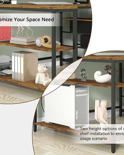 L Shaped Desk with 3 Drawer & 3 Open Shelf, Computer Desk with LED Lights & Power Outlets, Home Office Desk with Reversible Storage Shelves & Monitor Stand, Corner Desk for Small Space - LeafyLoom