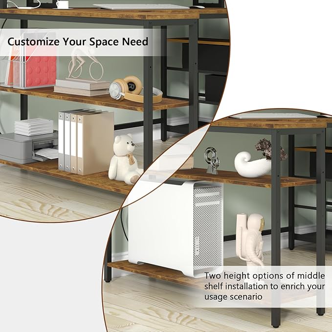 L Shaped Desk with 3 Drawer & 3 Open Shelf, Computer Desk with LED Lights & Power Outlets, Home Office Desk with Reversible Storage Shelves & Monitor Stand, Corner Desk for Small Space - LeafyLoom