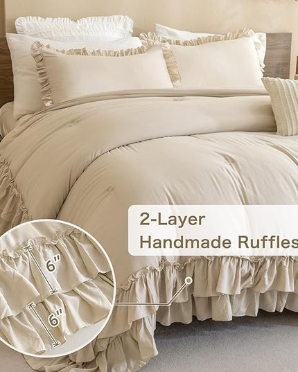 Ruffled Comforter Set Queen,3-Piece Farmhouse Shabby Boho Chic Bedding,Ultra Soft Fluffy Ruffle Bed Comforter Set (1 Wheat Comforter+2 Ruffle Pillow Shams) - LeafyLoom