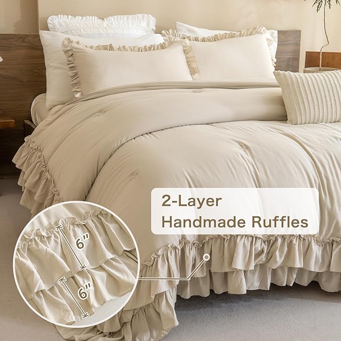 Ruffled Comforter Set Queen,3-Piece Farmhouse Shabby Boho Chic Bedding,Ultra Soft Fluffy Ruffle Bed Comforter Set (1 Wheat Comforter+2 Ruffle Pillow Shams) - LeafyLoom