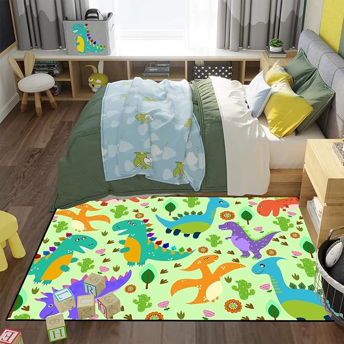 Dinosaur Carpet for Boys Room Dinosaur Play Rug Kids Rug Cartoon Dinosaur Carpet Dino Rug Dinosaur Area Rug for Bedroom Livingroom Playing Room,Green 4'5''×6' - LeafyLoom