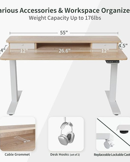 FEZIBO 55 x 24 Inch Height Adjustable Electric Standing Desk with Double Drawer, Stand Up Desk with Storage Shelf, Sit Stand Desk, Maple - LeafyLoom