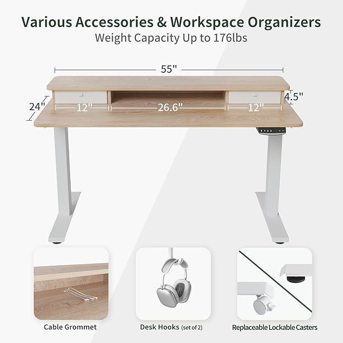 FEZIBO 55 x 24 Inch Height Adjustable Electric Standing Desk with Double Drawer, Stand Up Desk with Storage Shelf, Sit Stand Desk, Maple - LeafyLoom
