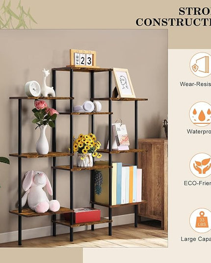 4-Tier Bookshelf,Small Triple Wide Bookcase for Books,CDs,Movies,Display Shelf with 10 Open Shelves for Living Room,Home Office,Balcony,Rustic Brown - LeafyLoom