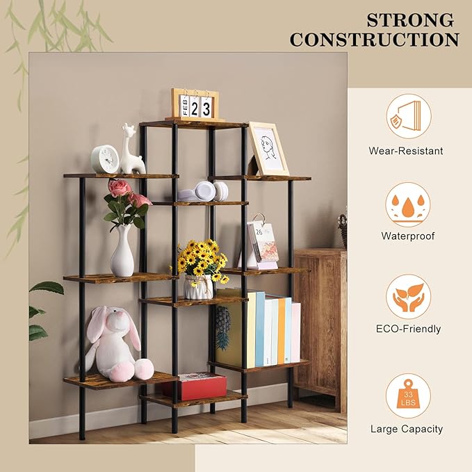 4-Tier Bookshelf,Small Triple Wide Bookcase for Books,CDs,Movies,Display Shelf with 10 Open Shelves for Living Room,Home Office,Balcony,Rustic Brown - LeafyLoom