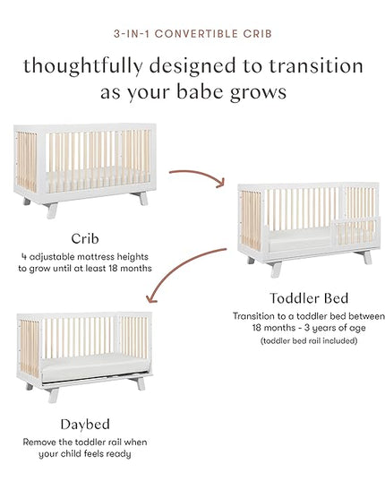 Babyletto Hudson 3-in-1 Convertible Crib with Toddler Bed Conversion Kit in White and Washed Natural, Greenguard Gold Certified - LeafyLoom