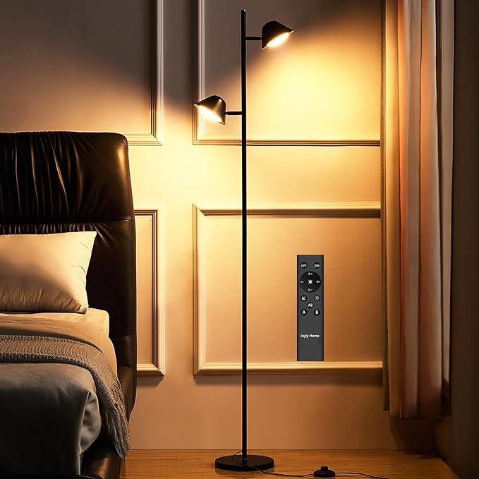 Modern LED Floor Lamp 20W, 2 Rotatable LED Light with Remote, Adjustable Color Temperature and Dimmable Features, Standing Lamp with Timing for Living Room, Bedroom, Office Black - LeafyLoom