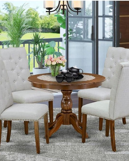 East West Furniture Hartland 5 Piece Set Includes a Round Dining Room Table with Pedestal and 4 Grey Linen Fabric Upholstered Chairs, 42x42 Inch, Walnut - LeafyLoom