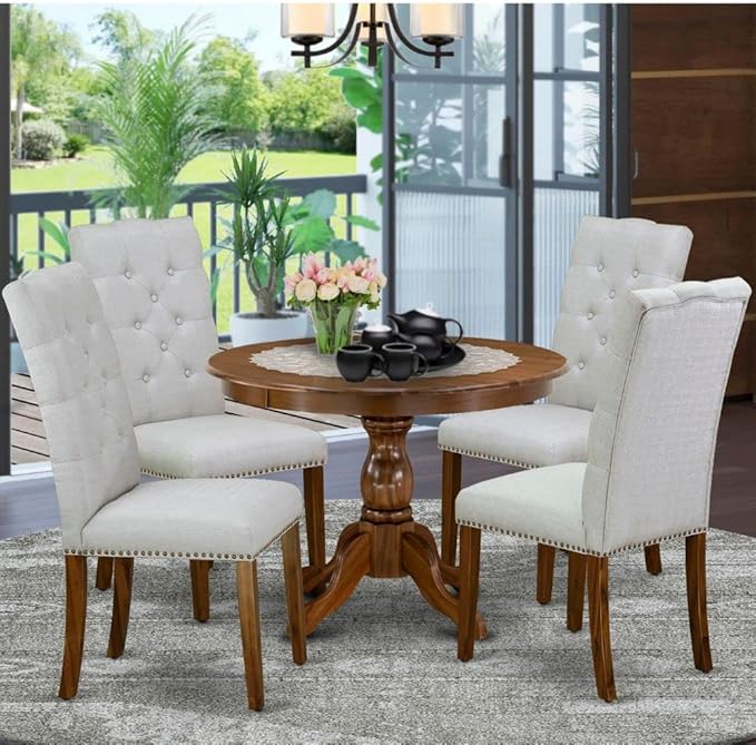 East West Furniture Hartland 5 Piece Set Includes a Round Dining Room Table with Pedestal and 4 Grey Linen Fabric Upholstered Chairs, 42x42 Inch, Walnut - LeafyLoom