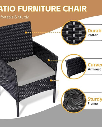 Patio Set 3 Piece Outdoor Rattan Porch Furniture with Tempered Glass Side Table & Cushion All Weather Conversation Bistro Set for Balcony,Deck,Porch (Brown/Beige) - LeafyLoom
