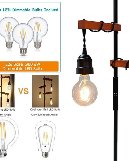 Dimmable Industrial Floor Lamp,Modern Farmhouse Tree Standing Lamp,68 Inch 3-Light Wood Tall Vintage Pole Lamps for Living Room Bedroom Office Rustic Home Decor - LeafyLoom