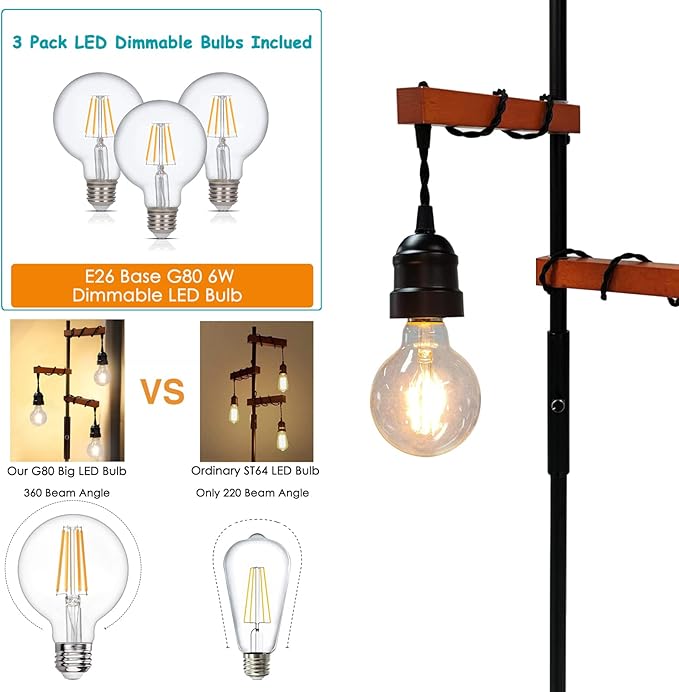 Dimmable Industrial Floor Lamp,Modern Farmhouse Tree Standing Lamp,68 Inch 3-Light Wood Tall Vintage Pole Lamps for Living Room Bedroom Office Rustic Home Decor - LeafyLoom