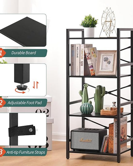 Yoobure 4 Tier Bookshelf - Small Book Shelf Industrial Bookcase, Narrow Book Case Book Storage Organizer for CD/Movie/Book, Bookshelves for Bedroom Office Living Room Black - LeafyLoom