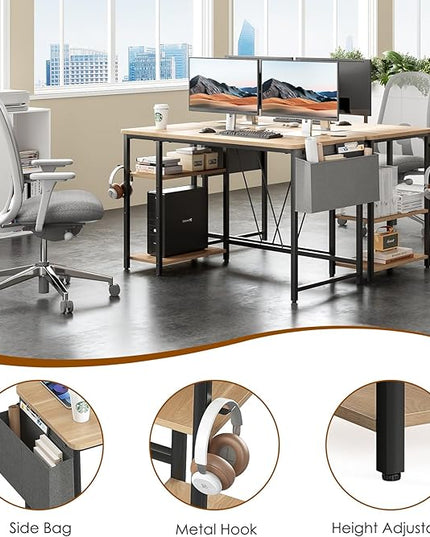 Computer Desk, 47.2” Home Office Desks, Modern Small Desk for Bedroom, Gaming Desk with Iron Hook and Height Adjustable Feet, Sturdy Student Writing Desk with Storage Bag, Storage Shelves - LeafyLoom