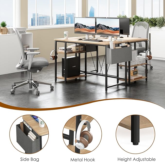 Computer Desk, 47.2” Home Office Desks, Modern Small Desk for Bedroom, Gaming Desk with Iron Hook and Height Adjustable Feet, Sturdy Student Writing Desk with Storage Bag, Storage Shelves - LeafyLoom
