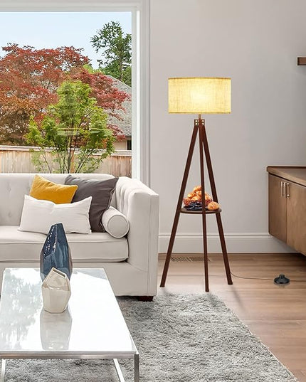 LEPOWER Tripod Floor Lamp, Mid Century Wood Standing Lamp, Modern Design Shelf Floor Lamp for Living Room, Bedroom, Office, Flaxen Lamp Shade with E26 Lamp Base Walnut - LeafyLoom