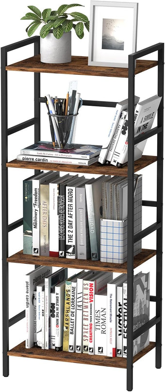 CADUKE Bookcase 4 Tier Bookshelf with Storage Industrial Open Etagere Bookcase Wood Metal Book Shelf Stand Brown Bookshelves for Living Room Bedroom Office - LeafyLoom