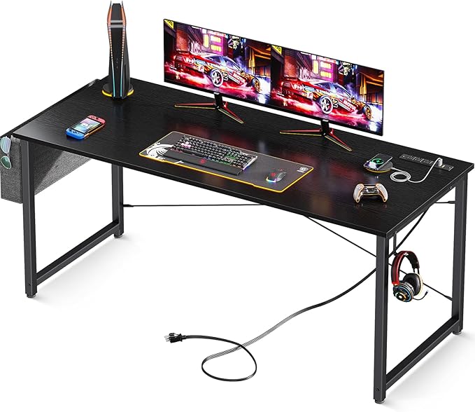 AODK 63 inch Small Computer Desk with Power Outlet for Small Spaces Home Office Student Laptop PC Writing Desks with Storage Bag Headphone Hook, Black - LeafyLoom