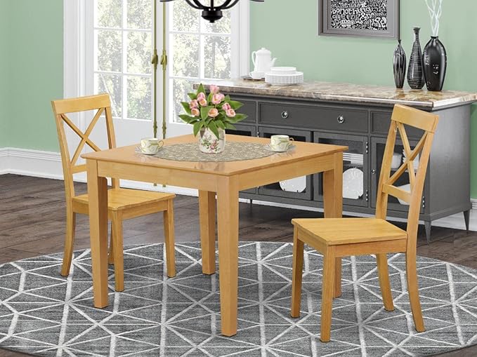 East West Furniture Oxford 3 Piece Set Contains a Square Dining Room Table and 2 Kitchen Chairs, 36x36 Inch, Oak - LeafyLoom