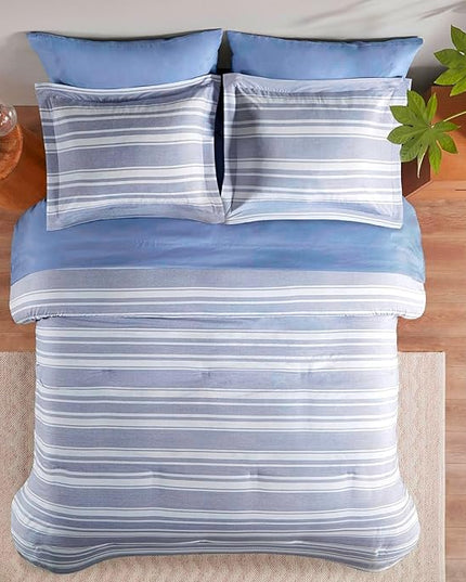 Full Size Comforter Set with Sheets, Modern Blue and White Striped Bed in a Bag, 7-Piece Complete Bedding Set Including Reversible Comforter, 2 Sheets, Pillowcases & Shams - LeafyLoom
