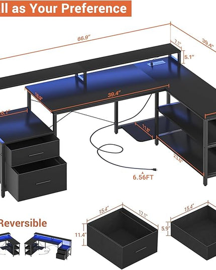 Aheaplus L Shaped Desk with File Drawer, 66" Reversible L Shaped Computer Desk with Power Outlet & LED Strip, Gaming Desk with Long Monitor Stand, Office Desk Corner Desk with Storage Shelf, Black - LeafyLoom
