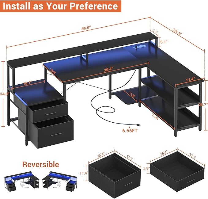 Aheaplus L Shaped Desk with File Drawer, 66" Reversible L Shaped Computer Desk with Power Outlet & LED Strip, Gaming Desk with Long Monitor Stand, Office Desk Corner Desk with Storage Shelf, Black - LeafyLoom