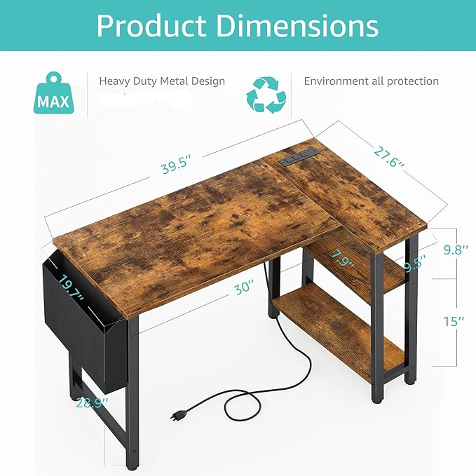 Lufeiya Small L Shaped Desk with Power Outlet Shelves, 40 Inch Corner Desk for Small Space Home Office, L-Shaped Computer Desk PC Desks with Charging Station, Rustic Brown - LeafyLoom