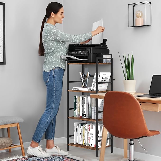 CADUKE Bookcase 4 Tier Bookshelf with Storage Industrial Open Etagere Bookcase Wood Metal Book Shelf Stand Brown Bookshelves for Living Room Bedroom Office - LeafyLoom